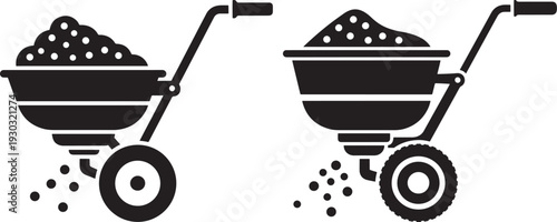 Two simple black icons of fertilizer spreaders or seeders filled with granular material, representing gardening and agriculture