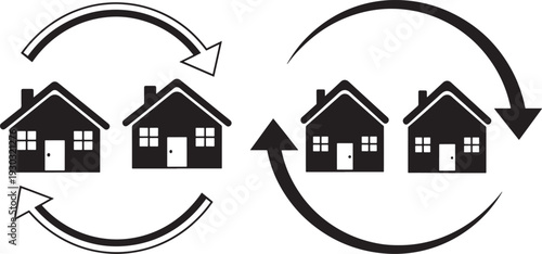 Two sets of houses with circular arrows, symbolizing real estate exchange, property trade, or housing market cycle and transaction