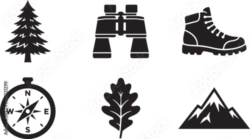 Forest Bathing, Nature Therapy and Hiking Silhouette Icon Set Vector Illustration