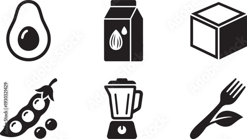 Plant Based Living, Vegan Diet and Healthy Vegetarian Nutrition Silhouette Icon Set Vector Illustration