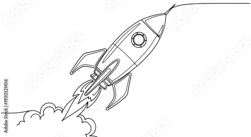 Retro Rocket Launching into Space with Fiery Exhaust and Smoke