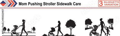 Silhouette of Mother Pushing Baby Stroller on Sidewalk for Family Care and Healthy Lifestyle