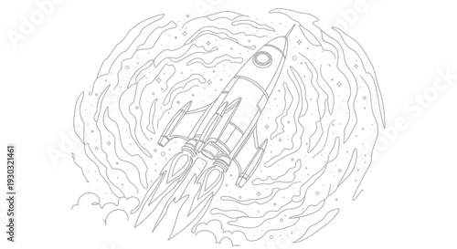 Retro Rocket Launching into Space with Fiery Exhaust and Swirling Nebula Background