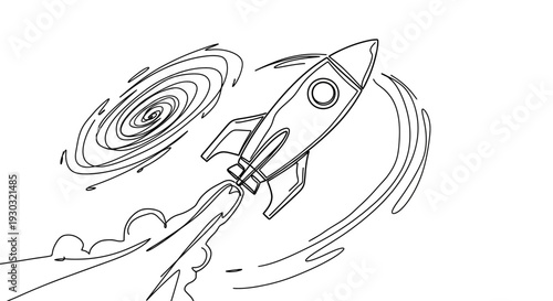 Retro Rocket Launching into Space with Swirling Galaxy and Exhaust Flames