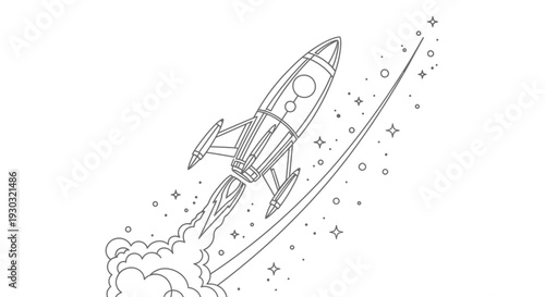 Retro Rocket Launching into Space with Stars and Smoke Trails