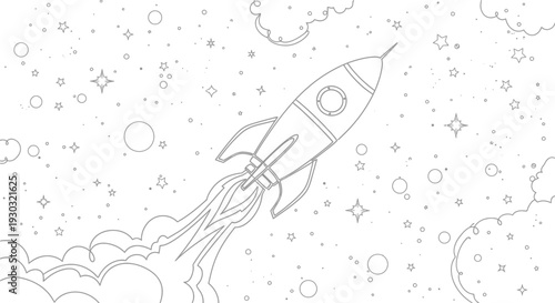 Retro Rocket Ship Launching into Starry Space with Clouds and Stars