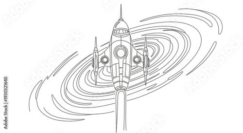 Retro Rocket Ship Launching into Swirling Galaxy, Space Exploration