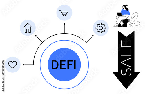 Decentralized Finance DEFI, focusing on decentralized systems, online shopping, and technology. DEFI links finance, smart contracts, and blockchain innovation. For fintech, e-commerce tech apps
