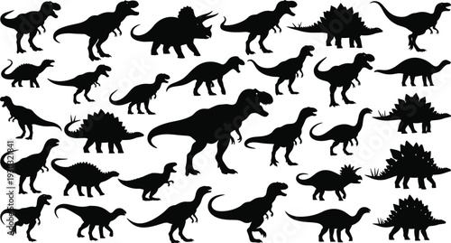 Dinosaur silhouette collection vector set, prehistoric animal black icons, T-Rex Triceratops Stegosaurus shapes, Jurassic wildlife illustration pack