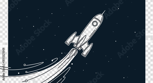 Rocket Launching into Starry Night Sky, Space Exploration Concept, White Line Art