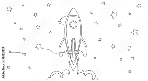 Rocket Launching into Starry Night Sky, Space Exploration Concept, Minimalist Line Art