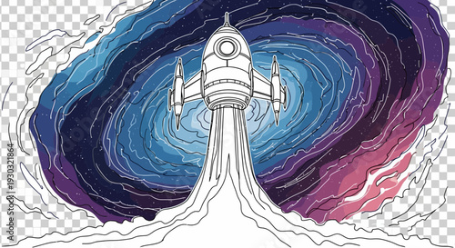 Rocket Launching into Swirling Cosmic Vortex - Space Exploration and Sci-Fi Concept