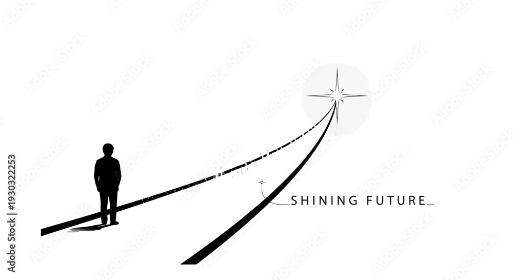 Fototapeta premium Silhouette of a person looking towards a shining future star, symbolizing hope and aspiration