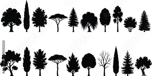Tree silhouette collection, diverse forest woodland park trees black vector illustration isolated on light background design
