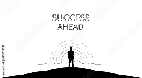 Silhouette of a man standing on a hill, looking at a sunrise with 'SUCCESS AHEAD' text.