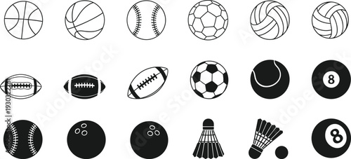 Collection of various sports equipment icons. Cartoon game ball silhouette flat style,  Vector isolated collection.
