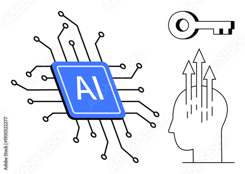 Artificial intelligence. AI chip with circuits, human mind data processing, and a security key concept. Artificial intelligence for tech, innovation, security, robotics, automation