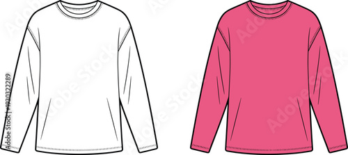 Long sleeve t shirt mockup front view blank crew neck template isolated on white background, casual apparel flat vector illustration set
