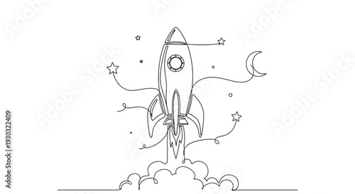 Minimalist Rocket Launching into Space with Stars and Moon, Single Line Drawing
