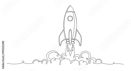 Minimalist Rocket Launching into Space, Single Line Art, Concept of Startup and Exploration