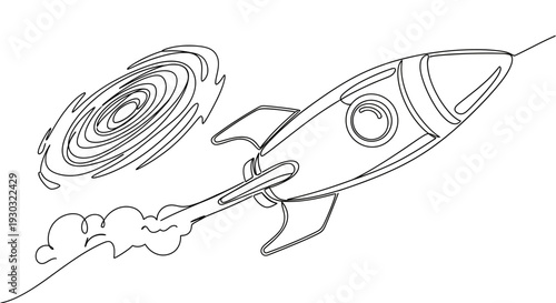 Minimalist Rocket Ship Launching into Swirling Galaxy, Space Exploration, Sci-Fi Art