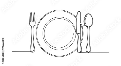 Minimalist single line drawing of a place setting with fork, knife, spoon, and plate.