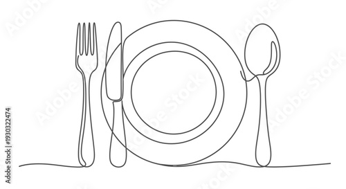Minimalist Single Line Drawing of a Place Setting: Plate, Fork, Knife, Spoon