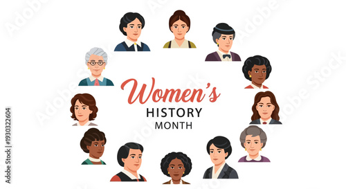 Illustration of diverse women's faces in a circle with Women's History Month text on a white background, celebrating empowerment and equality.