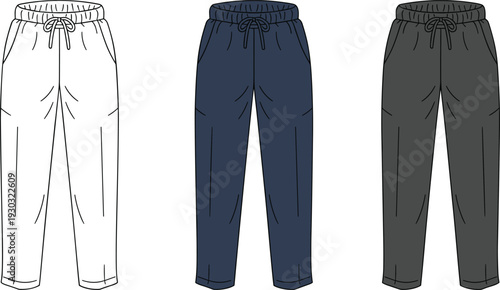 Men jogger pants set in white, navy and dark gray colors, casual sweatpants with drawstring waist isolated on white background illustration