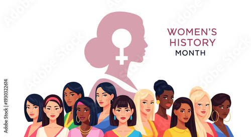 Illustration of diverse women celebrating Women's History Month with a pink silhouette and equality symbol in a vibrant, flat design.