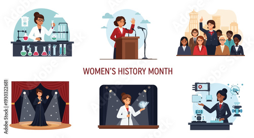 Illustrations of women in various professions and activities celebrating Women's History Month with empowerment and equality themes.