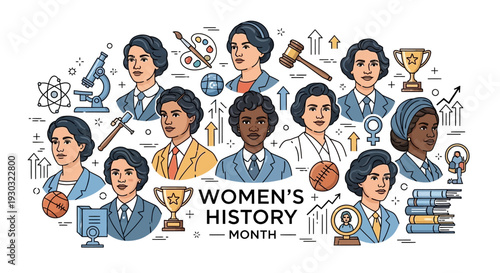 Illustration of diverse women leaders and changemakers celebrating Women's History Month with icons representing empowerment, equality, and achievements against a clean white background.