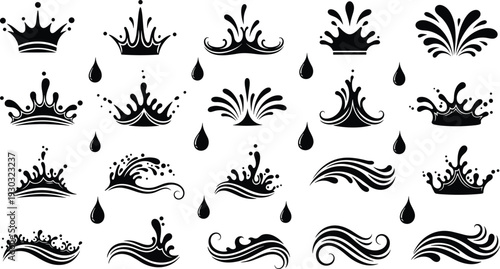 WebWater splash and wave silhouette collection featuring liquid drops, splashes, flowing shapes, black vector illustration set