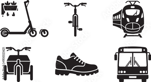 Sustainable Transportation, Eco-Friendly Urban Mobility and Green Transit Silhouette Icon Set Vector Illustration