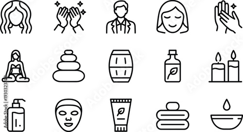 Spa and wellness outline icons set with skincare massage meditation candles essential oil yoga beauty salon vector collection isolated on white background