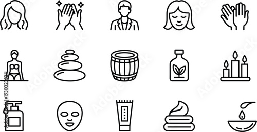 Spa and beauty outline icons set with massage yoga skincare aromatherapy candles essential oil vector collection isolated on white background