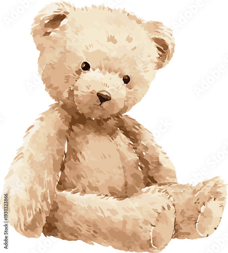 Vintage vector Watercolor Teddy Bears Set, cute hand painted plush toys in different poses, sweet retro nursery illustration collection isolated on light background for baby decor