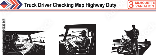 Truck Driver Silhouette Checking Map at Sunset Highway for Logistics Navigation and Career Duty