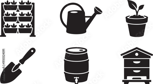 Urban Gardening, Vertical Farming and Sustainable Backyard Planting Silhouette Icon Set Vector Illustration