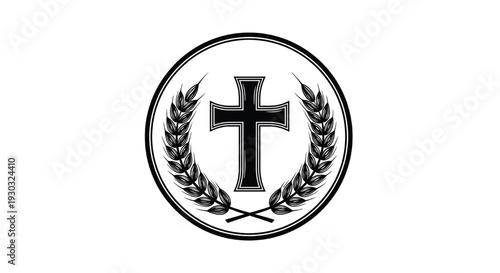 Cross emblem with laurel wreath in circular badge, black and white vintage Christian religious logo icon design