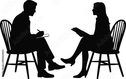 Therapist and patient consultation silhouette isolated on white background, psychology counseling session mental health therapy vector illustration
