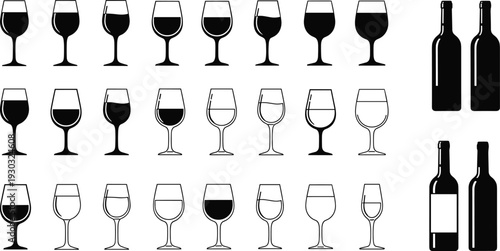 Wine glass and bottle silhouette collection featuring red and white wine, beverage vector illustration set