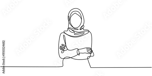Continuous one line drawing smiling confident Arabian woman in hijab, keeping arms crossed. Active businesswoman standing with folded arms pose. Single line draw design vector graphic illustration