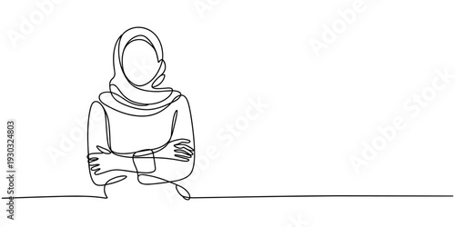 Continuous one line drawing smiling confident Arabian woman in hijab, keeping arms crossed. Active businesswoman standing with folded arms pose. Single line draw design vector graphic illustration