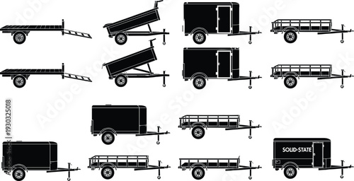 Utility trailer silhouette collection with flatbed dump cargo and enclosed models isolated on white background, transport equipment vector illustration set