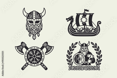 Stylized Viking Warrior and Norse Mythology Icons Set