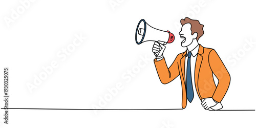 man holding megaphone continuous one line drawing animation, continuous one line drawing casual dressed man holding megaphone and shouting. Shout out. Loud voice. National Be Heard Day.