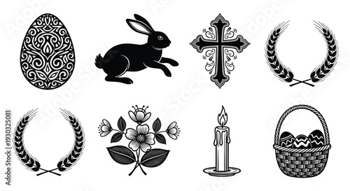 Easter icons set with ornate egg, jumping rabbit, Christian cross, wheat wreath, spring flowers, candle and basket silhouette
