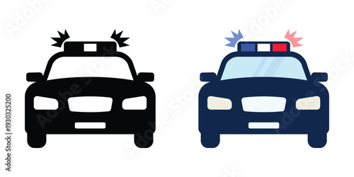 Police car symbol. Cop vehicle with flashing light and siren. Transparent PNG and vector illustration