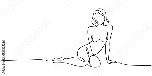 naked woman sitting continuous one line drawing, hand drawn young beauty woman sitting back side one line drawing continuous minimalism copy space thin line illustration, Continuous Line